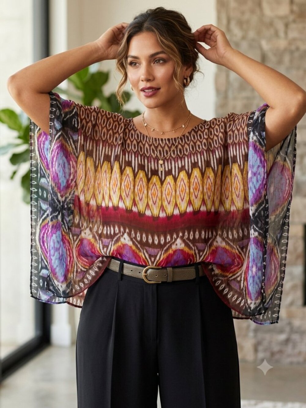 Chico's Ikat Boho Sheer Poncho Kimono Kaftan Blouse Tunic Resortwear L/XL